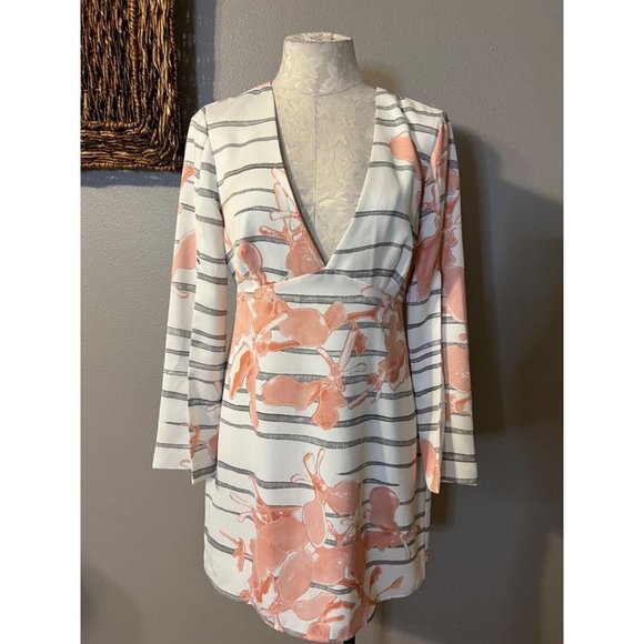 Halston Heritage Dress 6 Stretch Deep V Slit Sleeve Ivory Black Orange - Picture 2 of 8